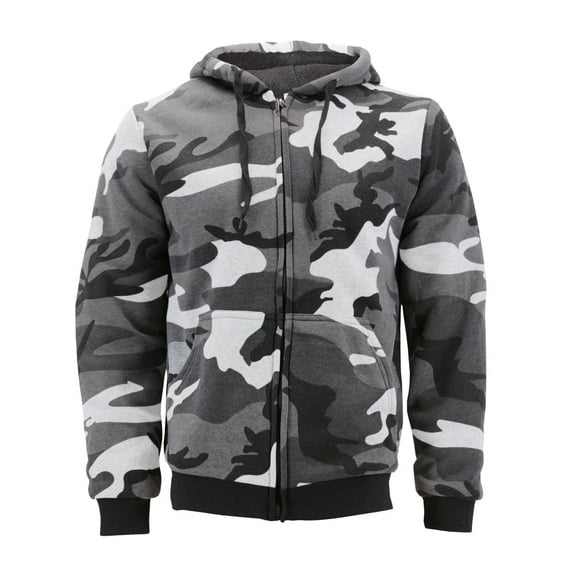 Men's Premium Athletic Soft Sherpa Lined Fleece Zip Up Hoodie Sweater Jacket (Camo Black White, 2XL)