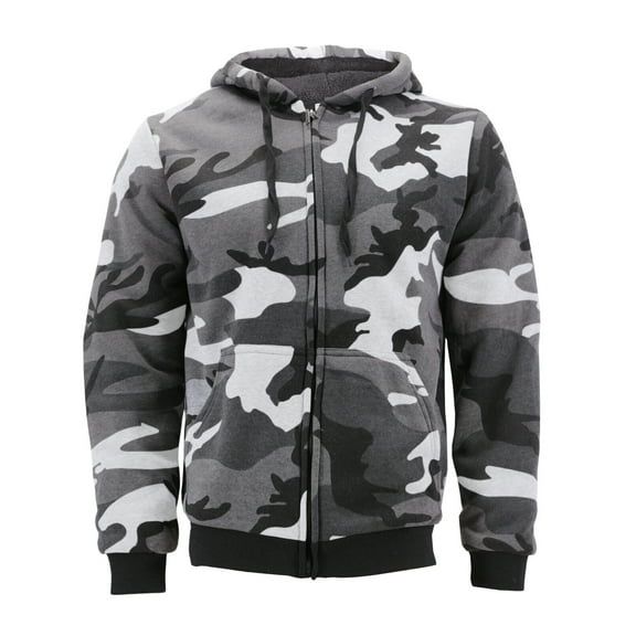 Men's Premium Athletic Soft Sherpa Lined Fleece Zip Up Hoodie Sweater Jacket (Camo Black White, XL)