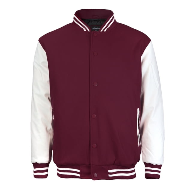 Men's Classic Snap Button Vintage Baseball Letterman Varsity Jacket (Burgundy/White, L)