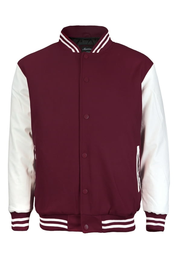 Men's Classic Snap Button Vintage Baseball Letterman Varsity Jacket (Burgundy/White, L)