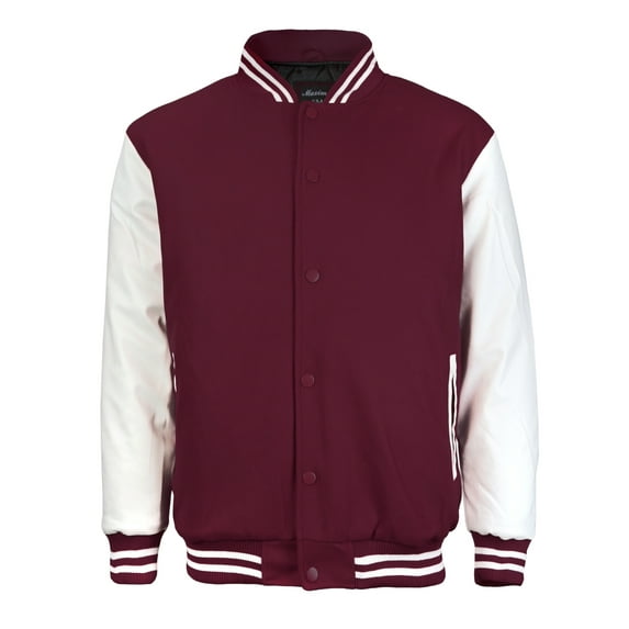 Men's Classic Snap Button Vintage Baseball Letterman Varsity Jacket (Burgundy/White, S)