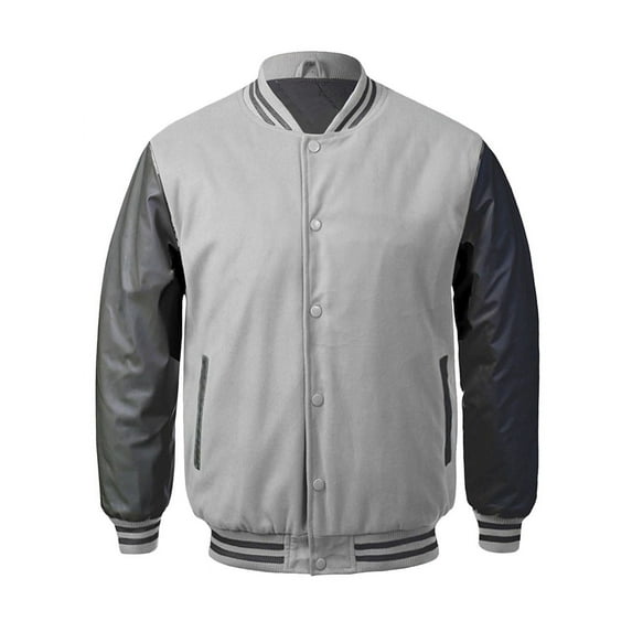 Maximos Men's LMJ Snap Button Front Classic Varsity Jacket Light Grey Black S