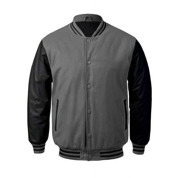 Men's Classic Snap Button Vintage Baseball Letterman Varsity Jacket (Gray Black,L)