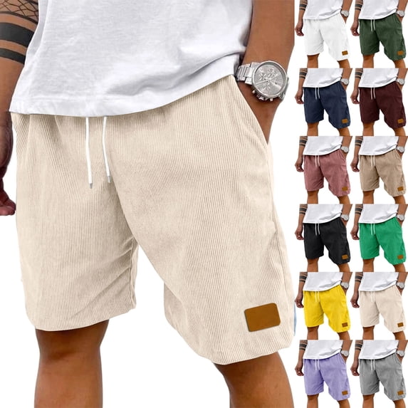Men's Premium Corduroy Shorts Retro Urban Casual Elastic Waist Drawstring Loose Fit Daily Shorts with Pockets 2026 Beige M