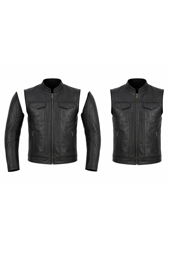 Men's Premium Cowhide Leather Motorcycle Jacket, Convertible to Vest with Zip-Off Sleeves, Club Style Design, YKK Zippers, Black, Medium