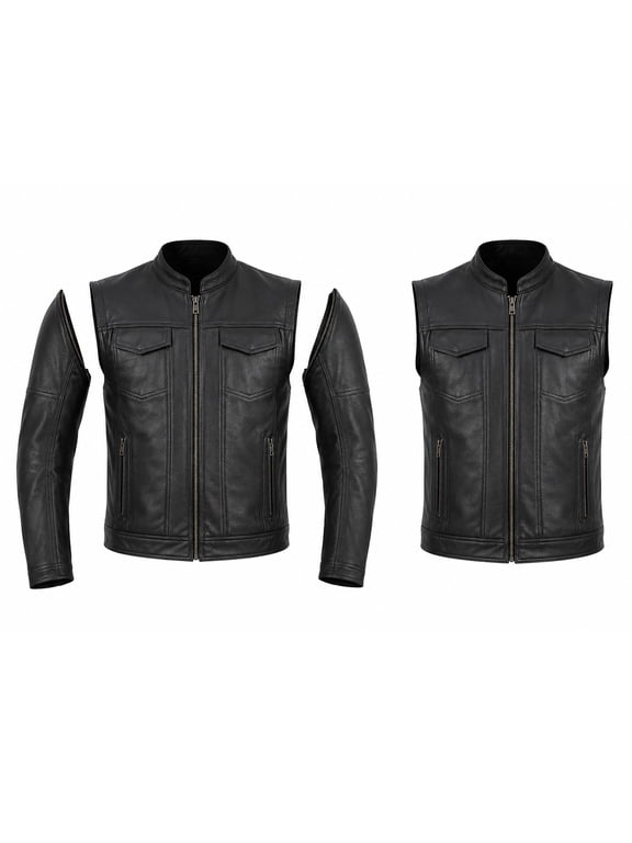 Men's Premium Cowhide Leather Motorcycle Jacket, Convertible to Vest with Zip-Off Sleeves, Club Style Design, YKK Zippers, Black, Small