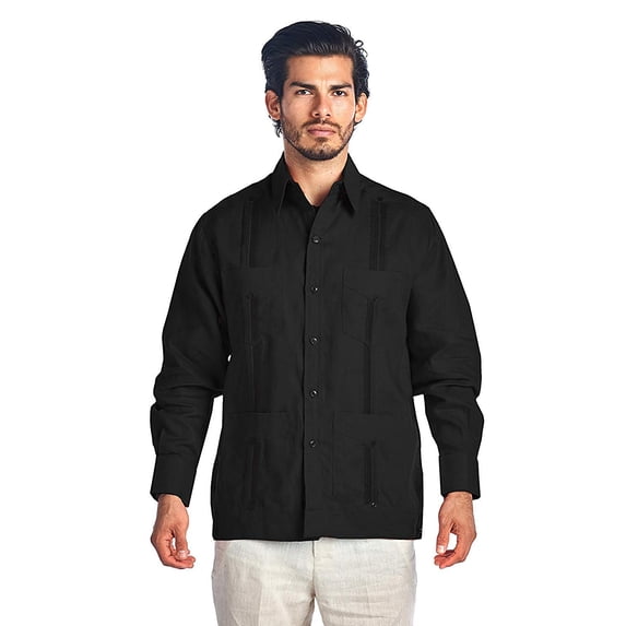 Men's Premium Cuban Beach Long Sleeve Button Up Linen Guayabera Dress Shirt (Black, XL)