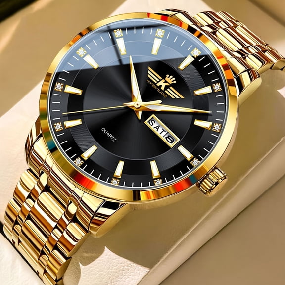 Men's Premium Fashion Quartz Watch - Automatic Dual Calendar, 30M Waterproof, Luminous, Diamond-Inlaid, Deployment Clasp