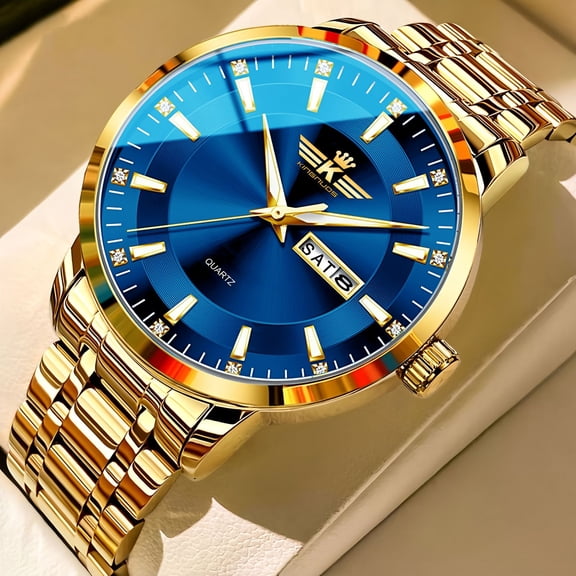 Men's Premium Fashion Quartz Watch - Automatic Dual Calendar, 30M Waterproof, Luminous, Diamond-Inlaid, Deployment Clasp