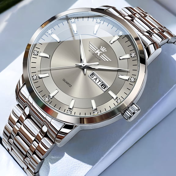 Men's Premium Fashion Quartz Watch - Automatic Dual Calendar, 30M Waterproof, Luminous, Diamond-Inlaid, Deployment Clasp