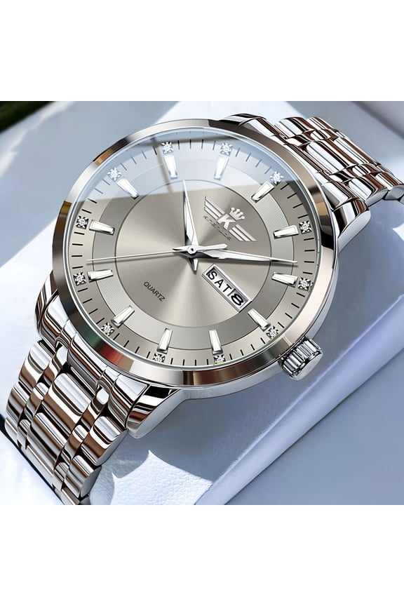 Men's Premium Fashion Quartz Watch - Automatic Dual Calendar, 30M Waterproof, Luminous, Diamond-Inlaid, Deployment Clasp