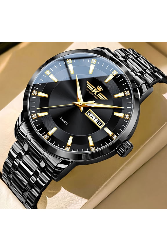 Men's Premium Fashion Quartz Watch - Automatic Dual Calendar, 30M Waterproof, Luminous, Diamond-Inlaid, Deployment Clasp