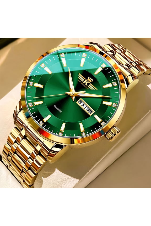 Men's Premium Fashion Quartz Watch - Automatic Dual Calendar, 30M Waterproof, Luminous, Diamond-Inlaid, Deployment Clasp