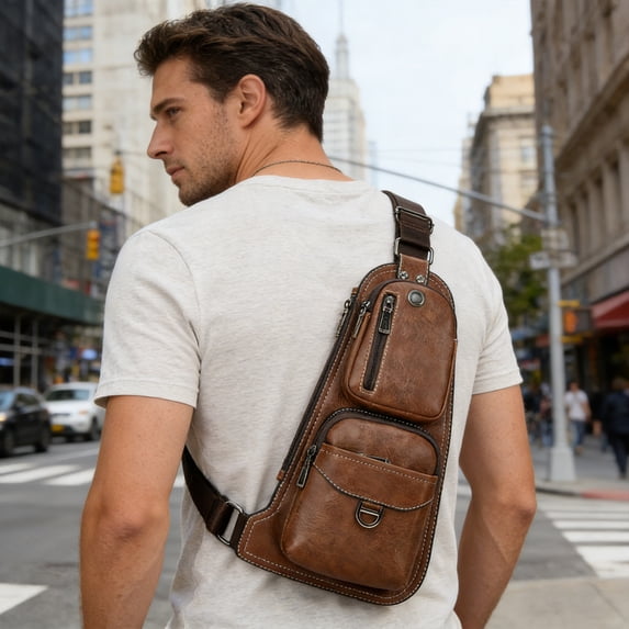 Men's Premium Faux Leather Sling Crossbody Chest Bag, Business Casual Adjustable Shoulder Bag, Multi-Pocket Durable Bag for Travel Work Commute Outdoor Daily Use
