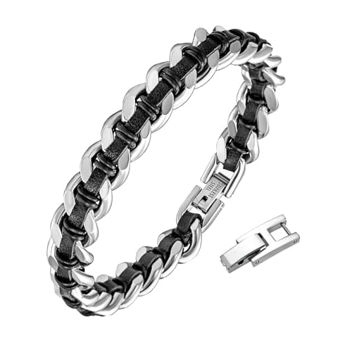 Men's Premium Leather and Stainless Steel Time Line Bracelet - Elegant Black and Brown Wristband - Perfect Bracelet