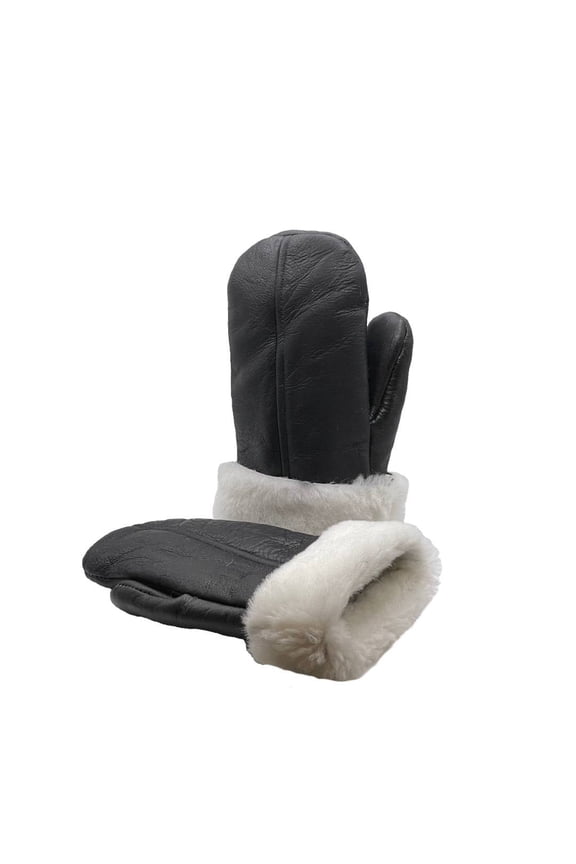 Men's Premium Shearling Sheepskin Leather Fur Mittens (Large, Black/Off White Fur)