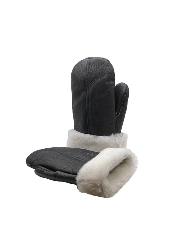 Men's Premium Shearling Sheepskin Leather Fur Mittens (Large, Black/Off White Fur)