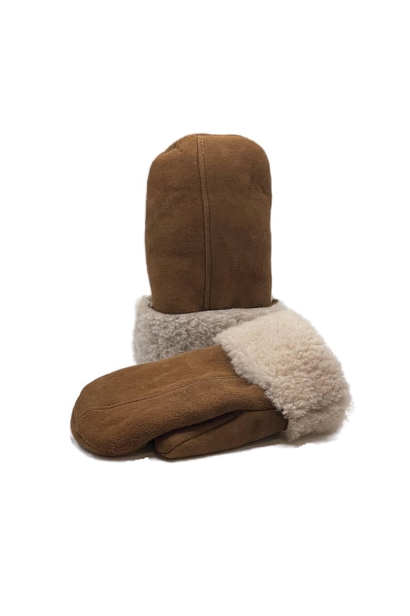 Men's Shearling Sheepskin Leather Fur Mittens, Saddle Tan/Off White Fur, X-Large