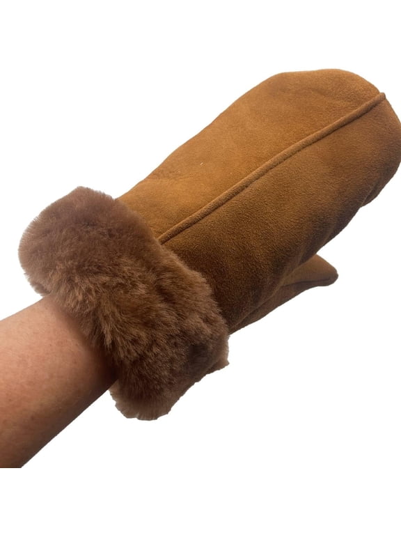 Men's Premium Shearling Sheepskin Leather Fur Mittens (XX-Large, Cognac Brown)