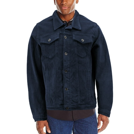 Men's Premium Slim Fit Button Up Brushed Fleece Lined Corduroy Trucker Jacket (Navy, L)