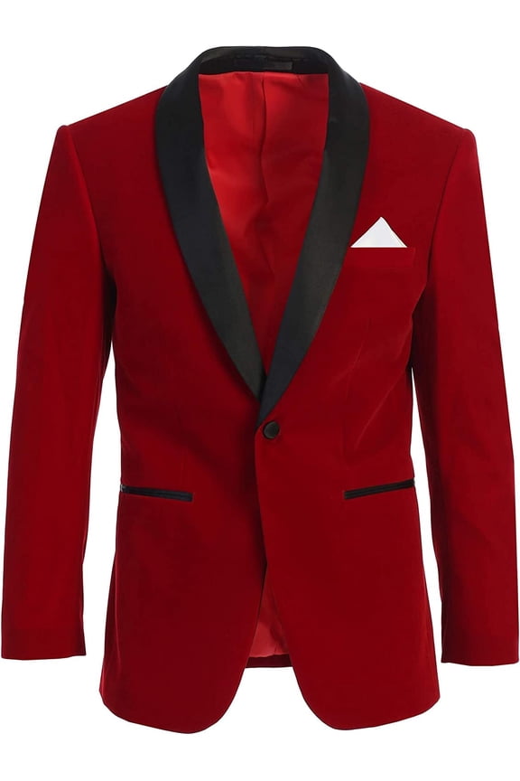 Men’s Red Velvet Tuxedo Blazer with Black Shawl Lapel | Slim Fit Single-Breasted Formal Party Dinner Jacket