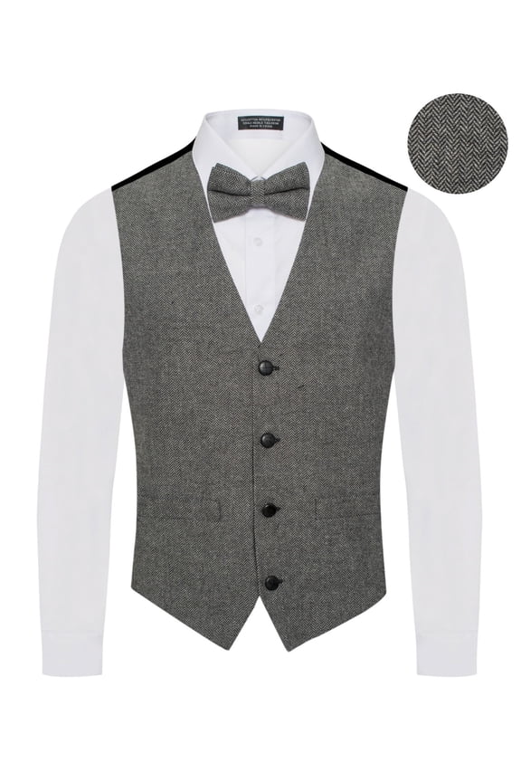 Men's Premium Tweed-Wool Vest - Bow Tie – 2 Piece Set for Suits & Tuxedos Sleeveless Adult