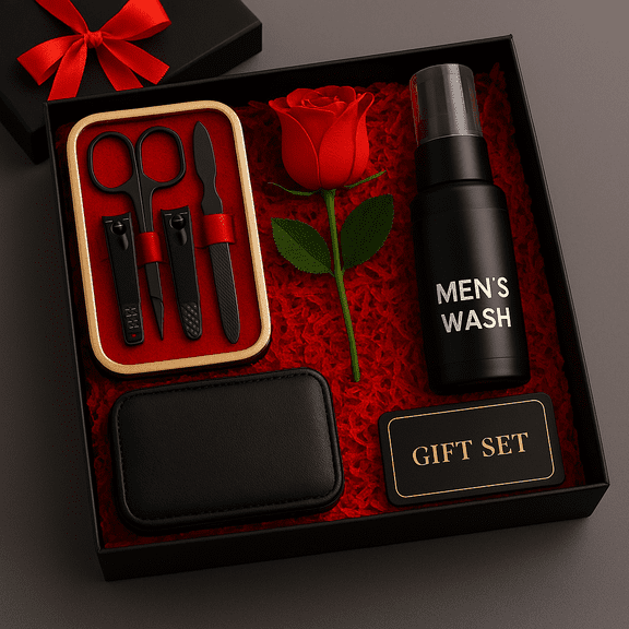 Mens Premium Valentine Day Grooming Spa and Care Gift Set Mens Wash, Aromatherapy Accent, Decorative Rose, Grooming set, Luxury Gift Box