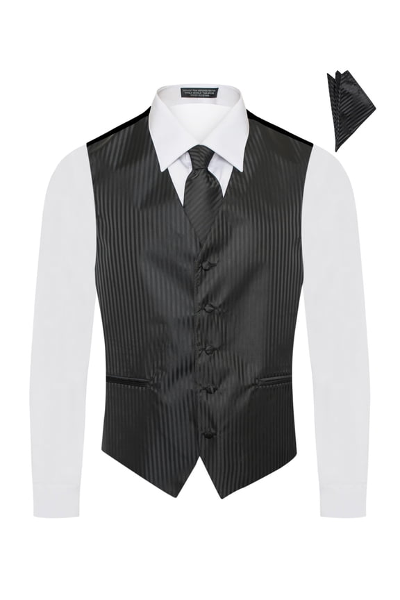 Men's Premium Vertical Lines Tone on Tone Stripes Vest - NeckTie – Bow Tie - Pocket Square 4 Piece Set for Suits & Tuxedos-Many Colors