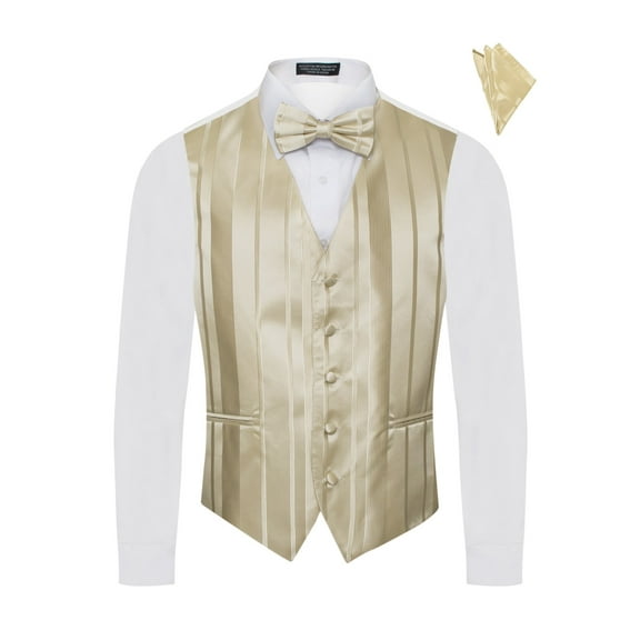 Men's Premium Wide Vertical Lines Tone on Tone Stripes Vest - NeckTie – Bow Tie - Pocket Square 4 Piece Set for Suits & Tuxedos-Many Colors