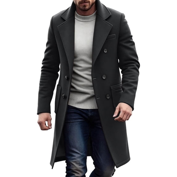 Men's Premium Wool Blend Coat Notched Colla Double Breasted Long Pea Coat Trench Overcoat Sizes S-2XL Dark Gray