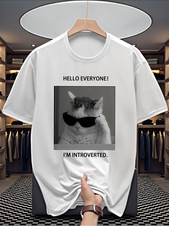 Men’s “Pretending to Be Socially Awkward” Cat Letter Print Versatile Casual Sporty Short Sleeve T-Shirt