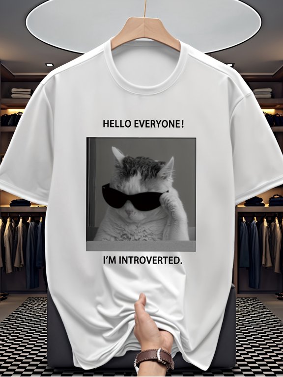 Men's "Pretending to Be Socially Awkward" Cat Letter Print Versatile Casual Sporty Short-Sleeve T-Shirt