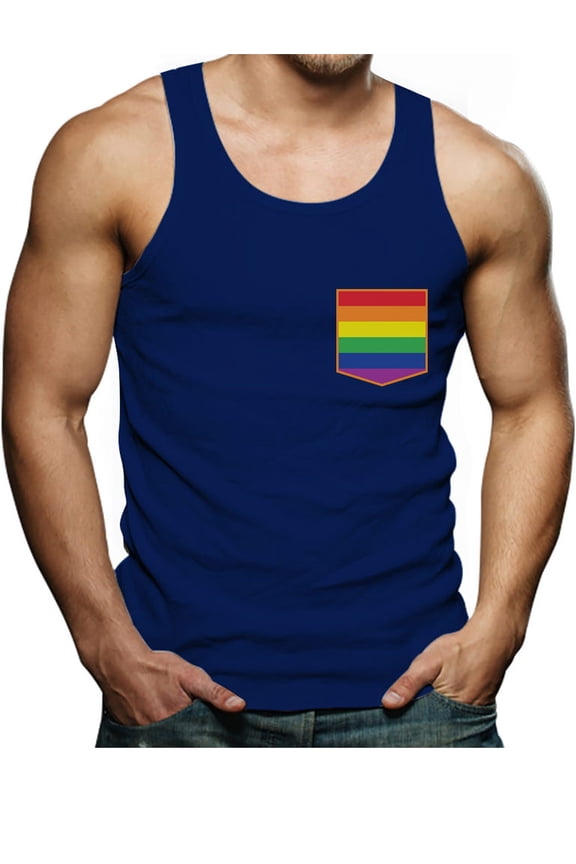 Men's Pride Tank Top - Rainbow Flag Pocket Design - LGBTQ Supportive Apparel - Comfortable Cotton-Polyester Blend Singlet - Large Blue