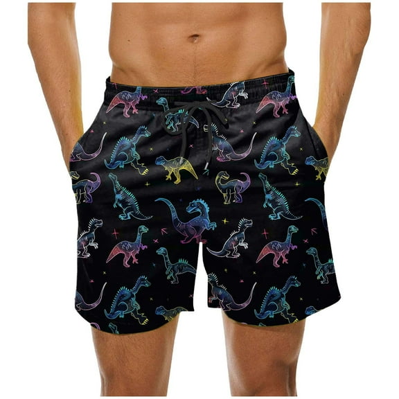 Men's Print Drawstring Waistband Casual Beach Shorts Stretch Straight Leg Shorts With Pocket