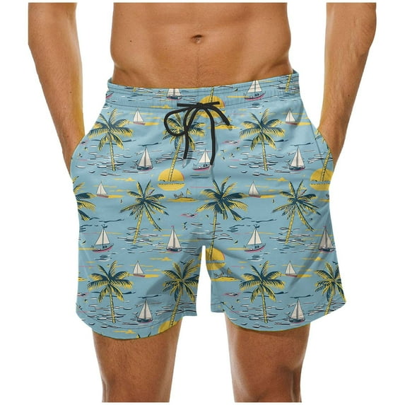 Men's Print Drawstring Waistband Casual Beach Shorts Stretch Straight Leg Shorts With Pocket