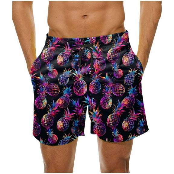 Men's Print Drawstring Waistband Casual Beach Shorts Stretch Straight Leg Shorts With Pocket