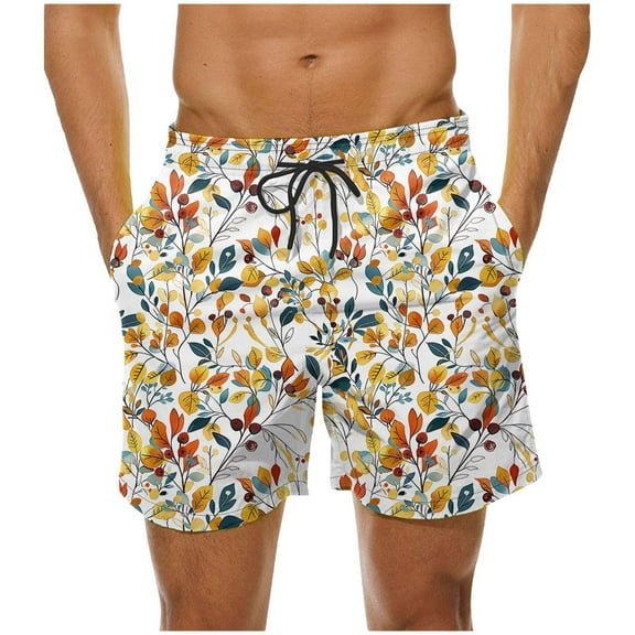 Men's Print Drawstring Waistband Casual Beach Shorts Stretch Straight Leg Shorts With Pocket