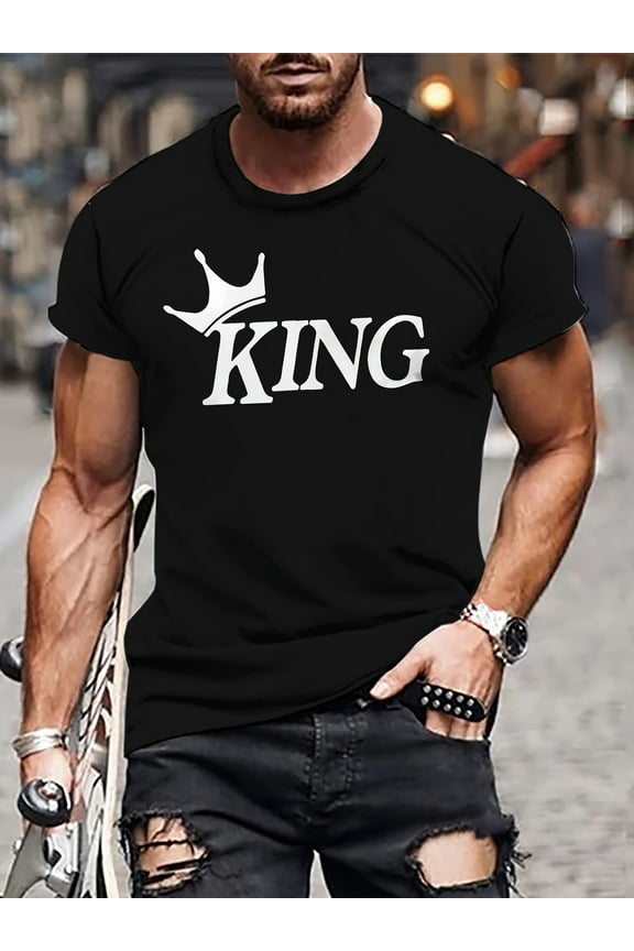 Men's Print Fashion T-Shirt with King Letters Cotton Comfortable Casual Breathable Crew Neck 180g