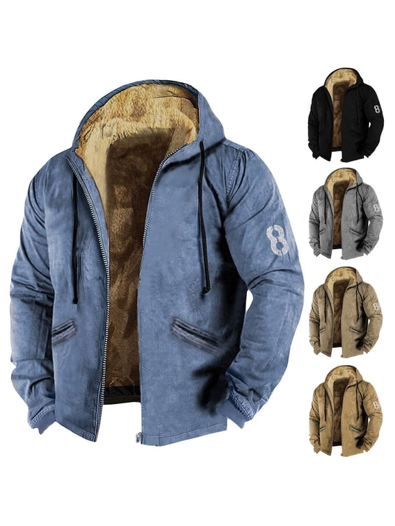 Men's Print Fleece Lined Thickened Jacket with Zipper Hood - Casual Big Size Coat for Winter Fashion, Holiday Events, and Snow Sports, Great for Daily Wear,Army Green,L