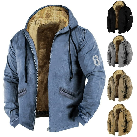 Men's Print Fleece Lined Thickened Jacket with Zipper Hood - Casual Big Size Coat for Winter Fashion, Holiday Events, and Snow Sports, Great for Daily Wear,Khaki,2XL