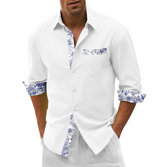 Long Point Bech Men's Print Long Sleeve Shirt Button Down Casual Wear with Pocket ...