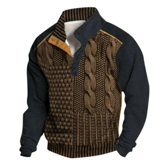 Men's Print Stand Collar Tie Buckle Pullover Sweatshirt Casual Long Sleeve Top