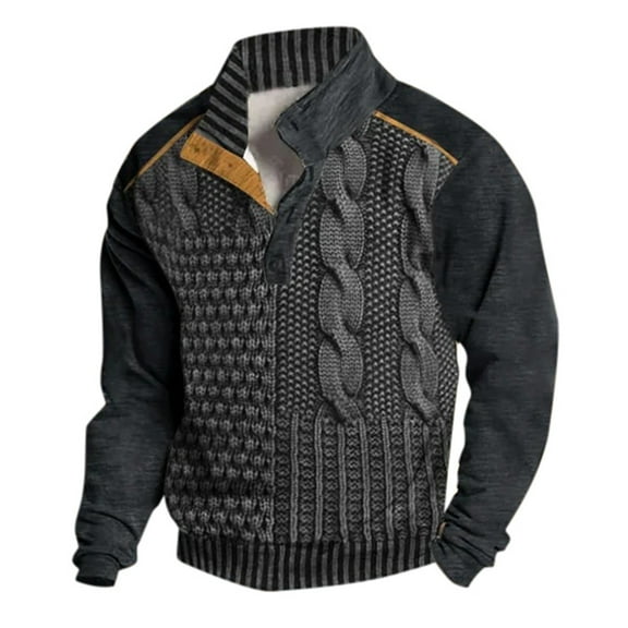 Men's Print Stand Collar Tie Buckle Pullover Sweatshirt Casual Long Sleeve Top