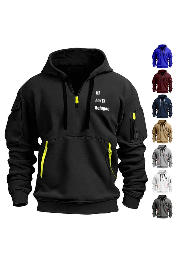 Men's Print Zip Up Hoodie with Arm Pocket, Casual Cardigan Sweatshirt, Large Size Fleece Jacket with hi im tk refugee Graphic for Streetwear, Christmas, Daily Wear,Black,M