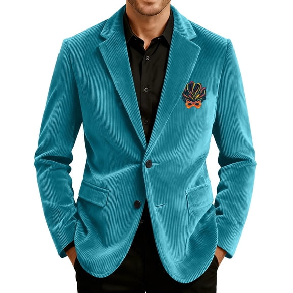 Men's Printed Corduroy Pocket Blazer, Casual Suit Cardigan Jacket, Cyan, L