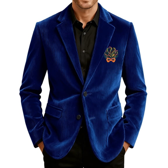 Men's Printed Corduroy Pocket Blazer, Casual Suit Cardigan Jacket, Navy Blue, M