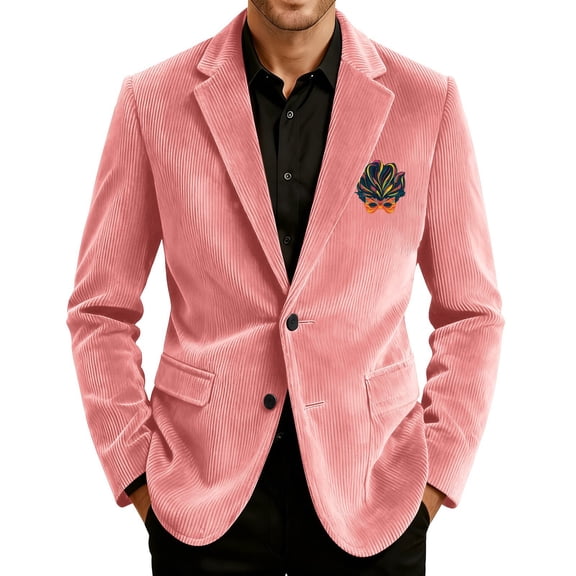 Men's Printed Corduroy Pocket Blazer, Casual Suit Cardigan Jacket, Pink, XL