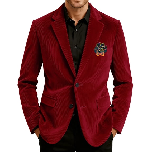 Men's Printed Corduroy Pocket Blazer, Casual Suit Cardigan Jacket, Red, M