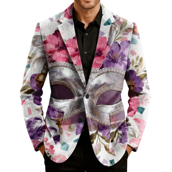 Men's Printed Corduroy Pocket Blazer, Casual Suit Cardigan Jacket, Silver, L