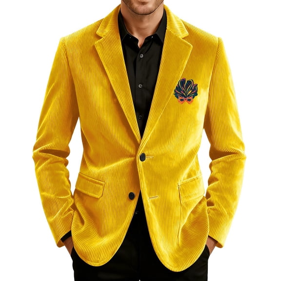 Men's Printed Corduroy Pocket Blazer, Casual Suit Cardigan Jacket, Yellow, M